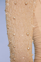 Chic Embellished Long Sleeve Mini Dress in Sand