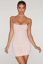 Chic Embellished Cowl Neck Mini Dress in Blush