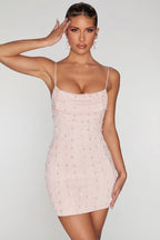 Chic Embellished Cowl Neck Mini Dress in Blush