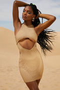 Chic Rhinestone Cut Out Mini Dress in Beige