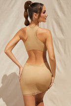 Chic Rhinestone Cut Out Mini Dress in Beige