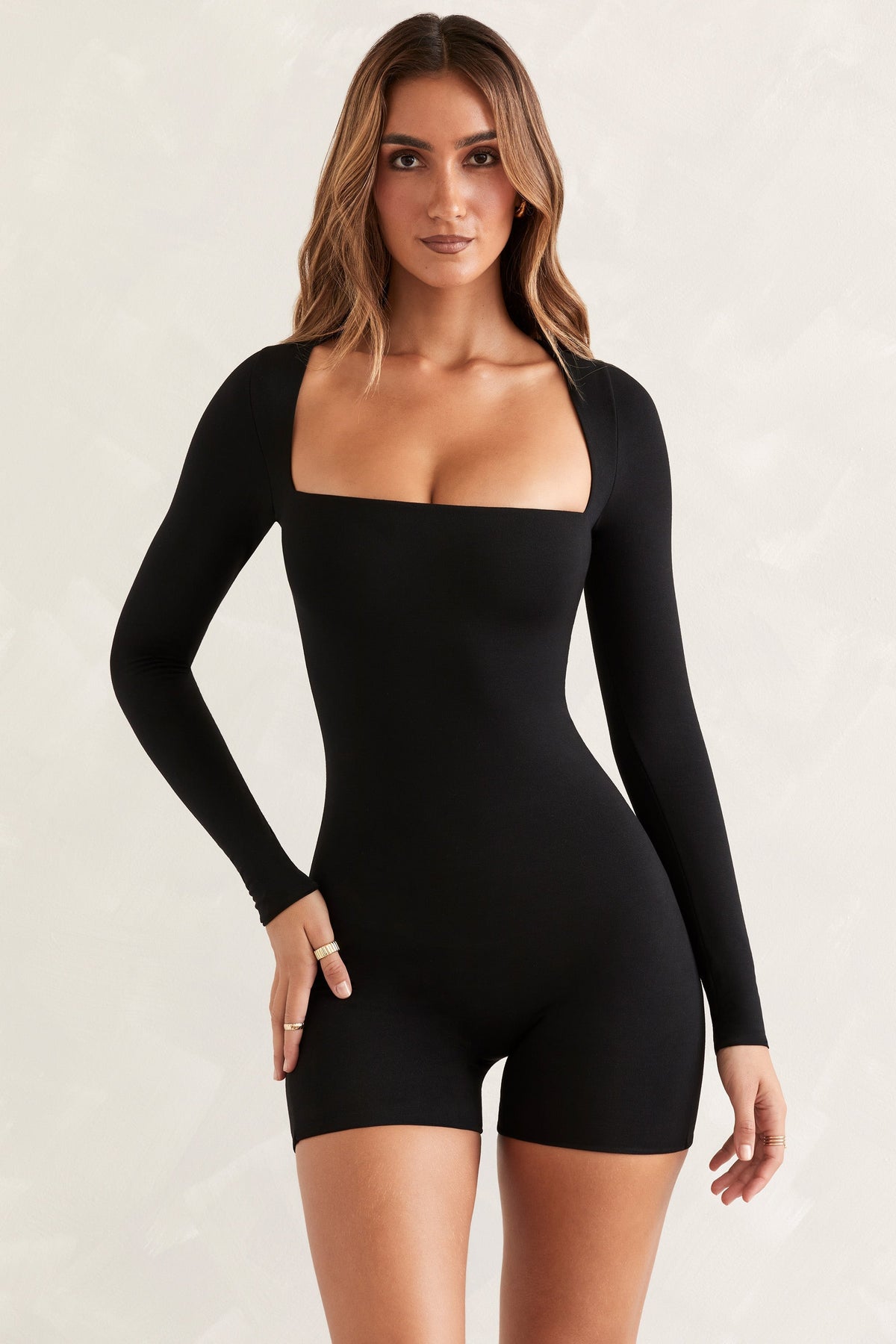 Chic Long Sleeve Square Neck Unitard in Black