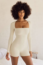 Chic Long Sleeve Square Neck Unitard in Ivory