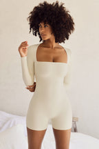 Chic Long Sleeve Square Neck Unitard in Ivory