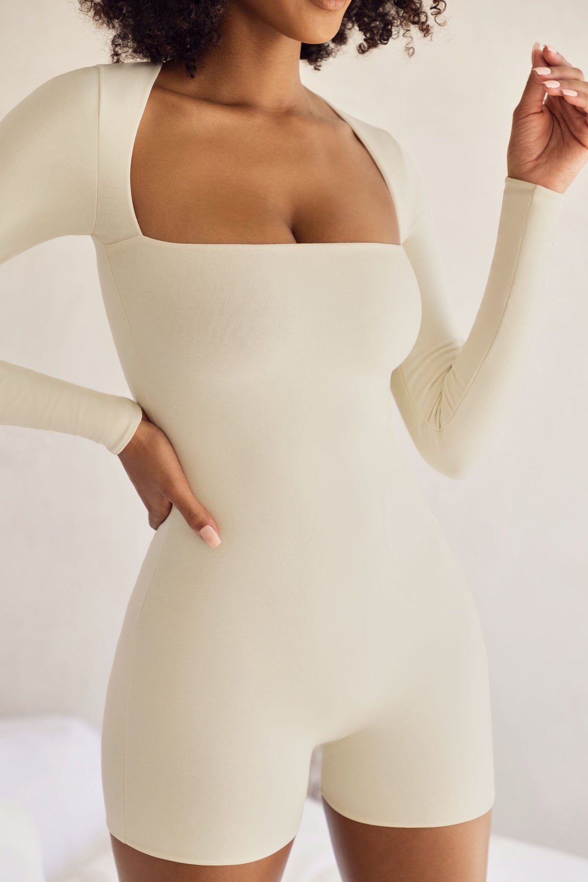 Chic Long Sleeve Square Neck Unitard in Ivory