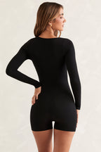 Chic Long Sleeve Square Neck Unitard in Black