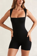 Chic Short Sleeve Square Neck Unitard in Black