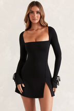 Chic Square Neck Long Sleeve Mini Dress in Black