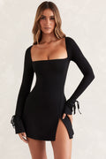 Chic Square Neck Long Sleeve Mini Dress in Black