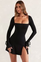 Chic Square Neck Long Sleeve Mini Dress in Black