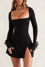 Chic Square Neck Long Sleeve Mini Dress in Black