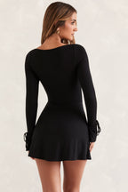 Chic Square Neck Long Sleeve Mini Dress in Black