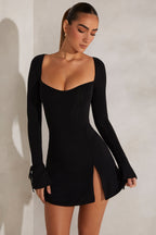 Chic Long Sleeve A-Line Mini Dress in Black