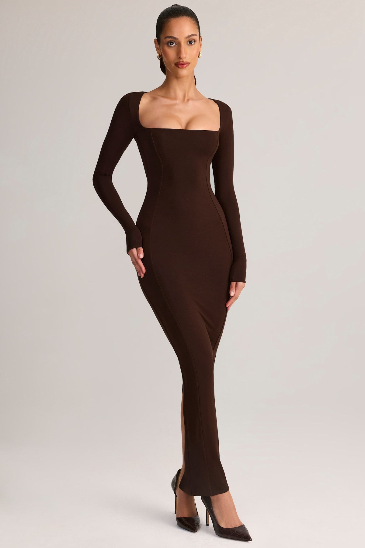 Chic Modal Square-Neck Bodycon Maxi Dress in Chocolate Brown