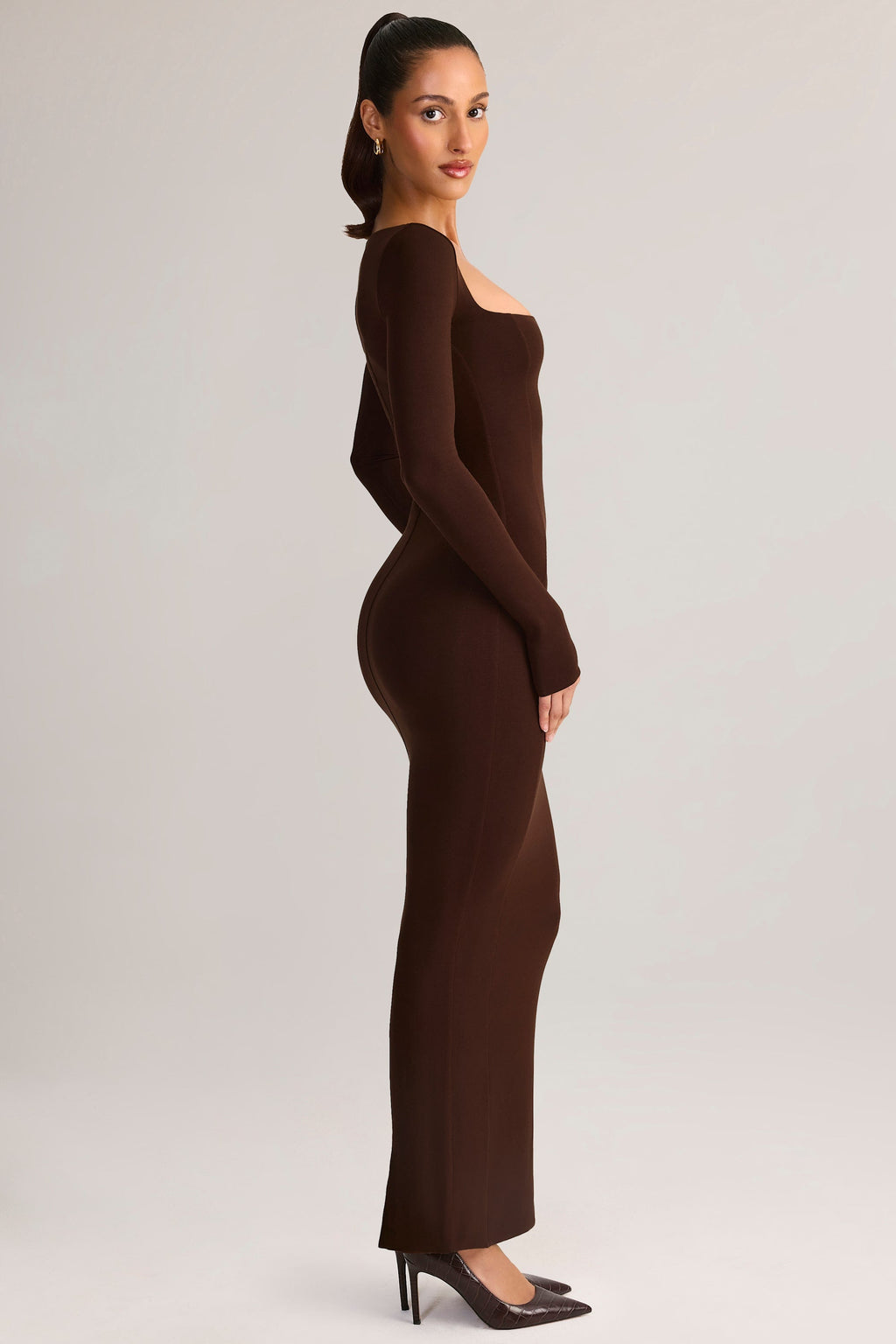 Chic Modal Square-Neck Bodycon Maxi Dress in Chocolate Brown