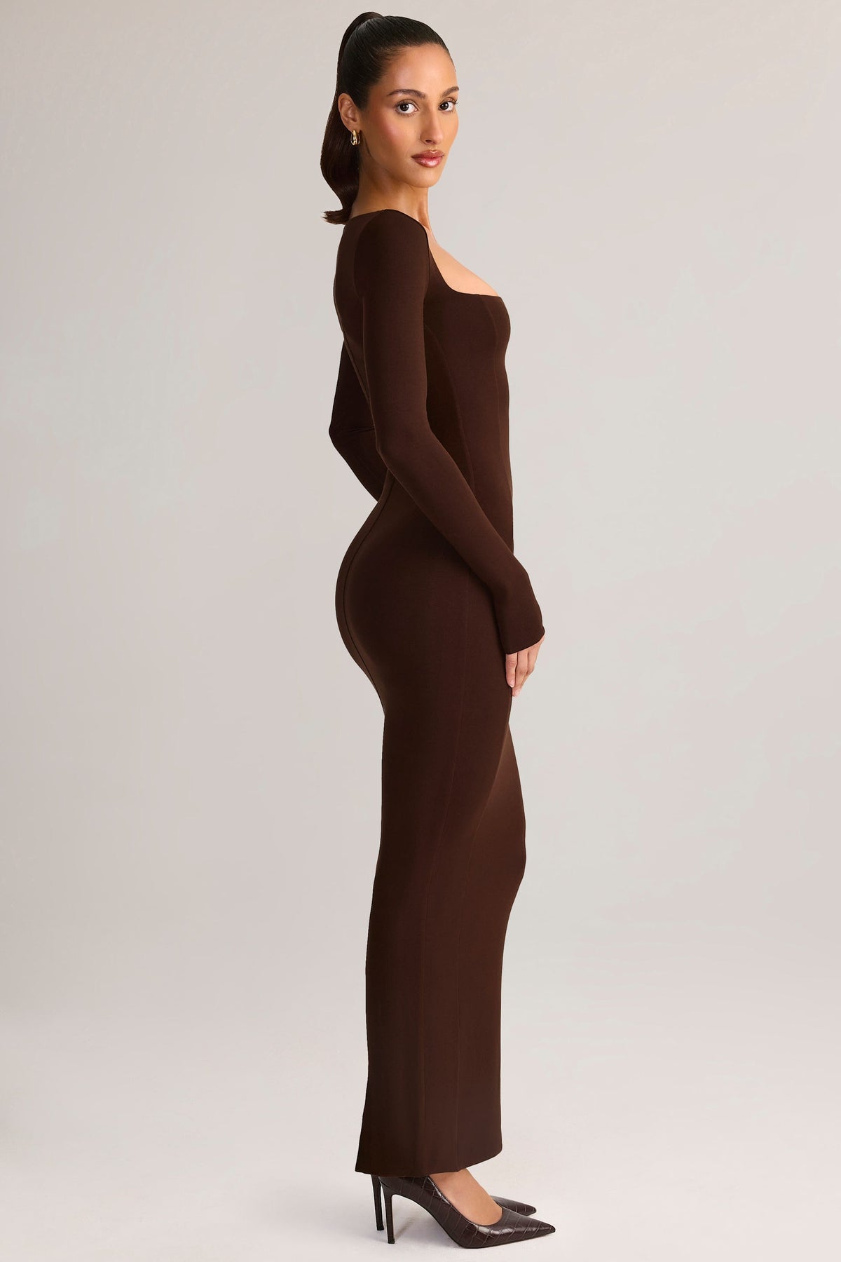 Chic Modal Square-Neck Bodycon Maxi Dress in Chocolate Brown
