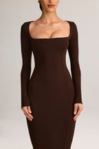 Chic Modal Square-Neck Bodycon Maxi Dress in Chocolate Brown