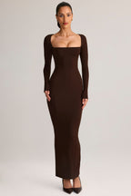 Chic Modal Square-Neck Bodycon Maxi Dress in Chocolate Brown