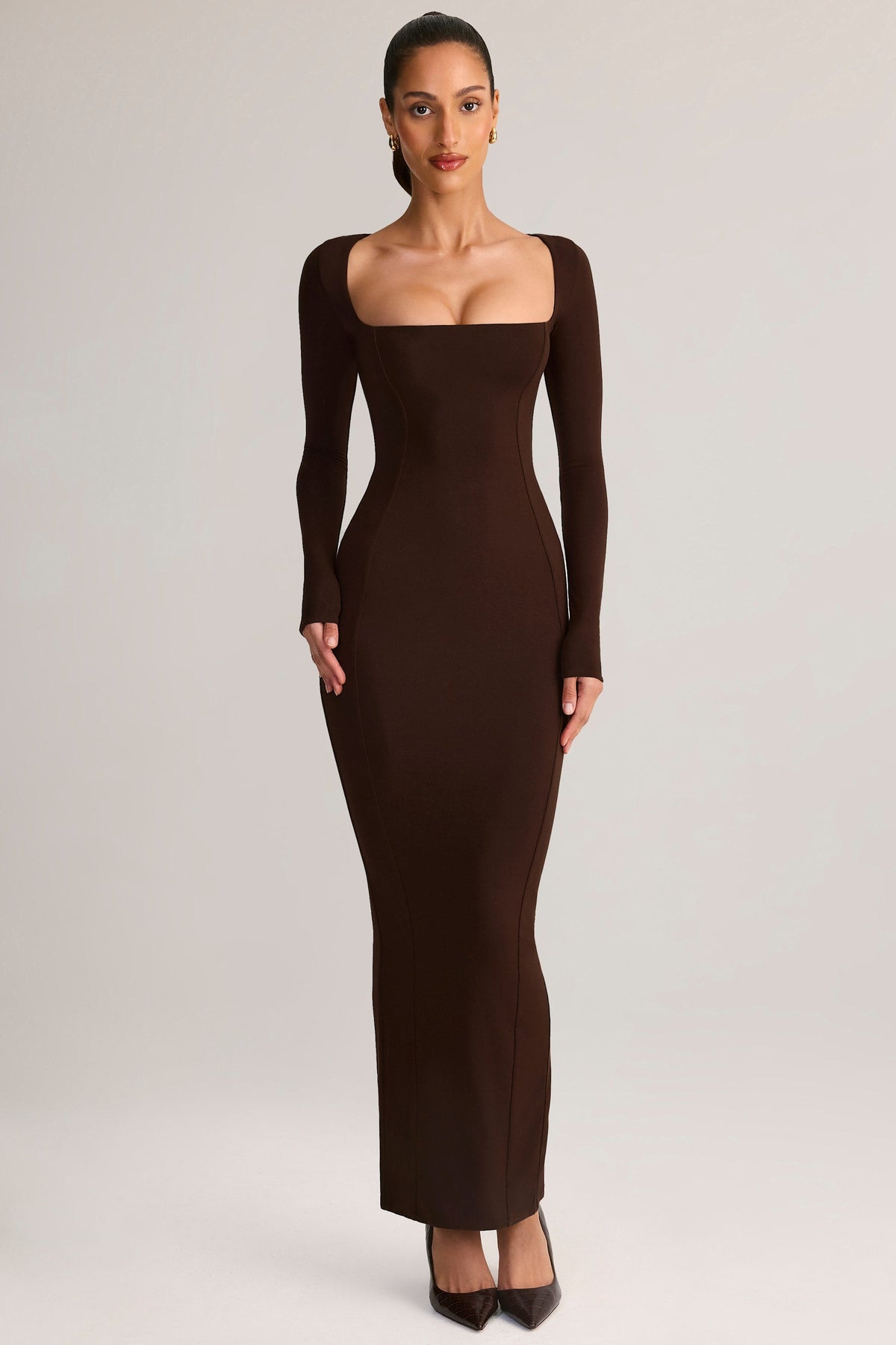 Chic Modal Square-Neck Bodycon Maxi Dress in Chocolate Brown