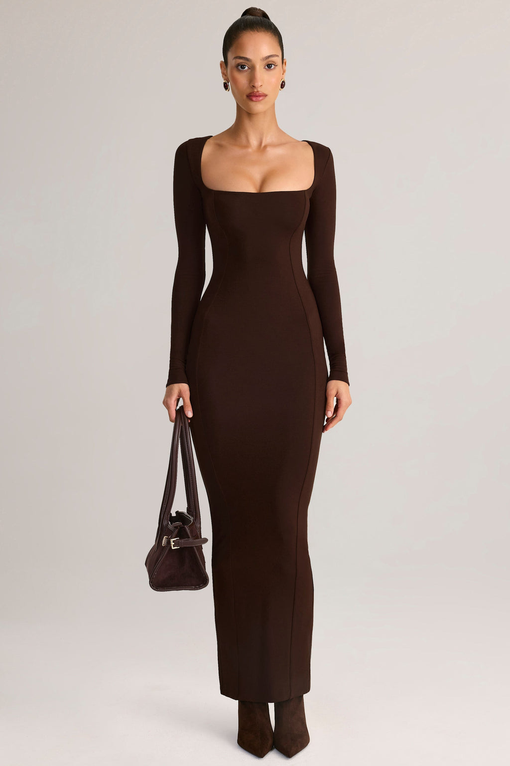 Chic Modal Square-Neck Bodycon Maxi Dress in Chocolate Brown
