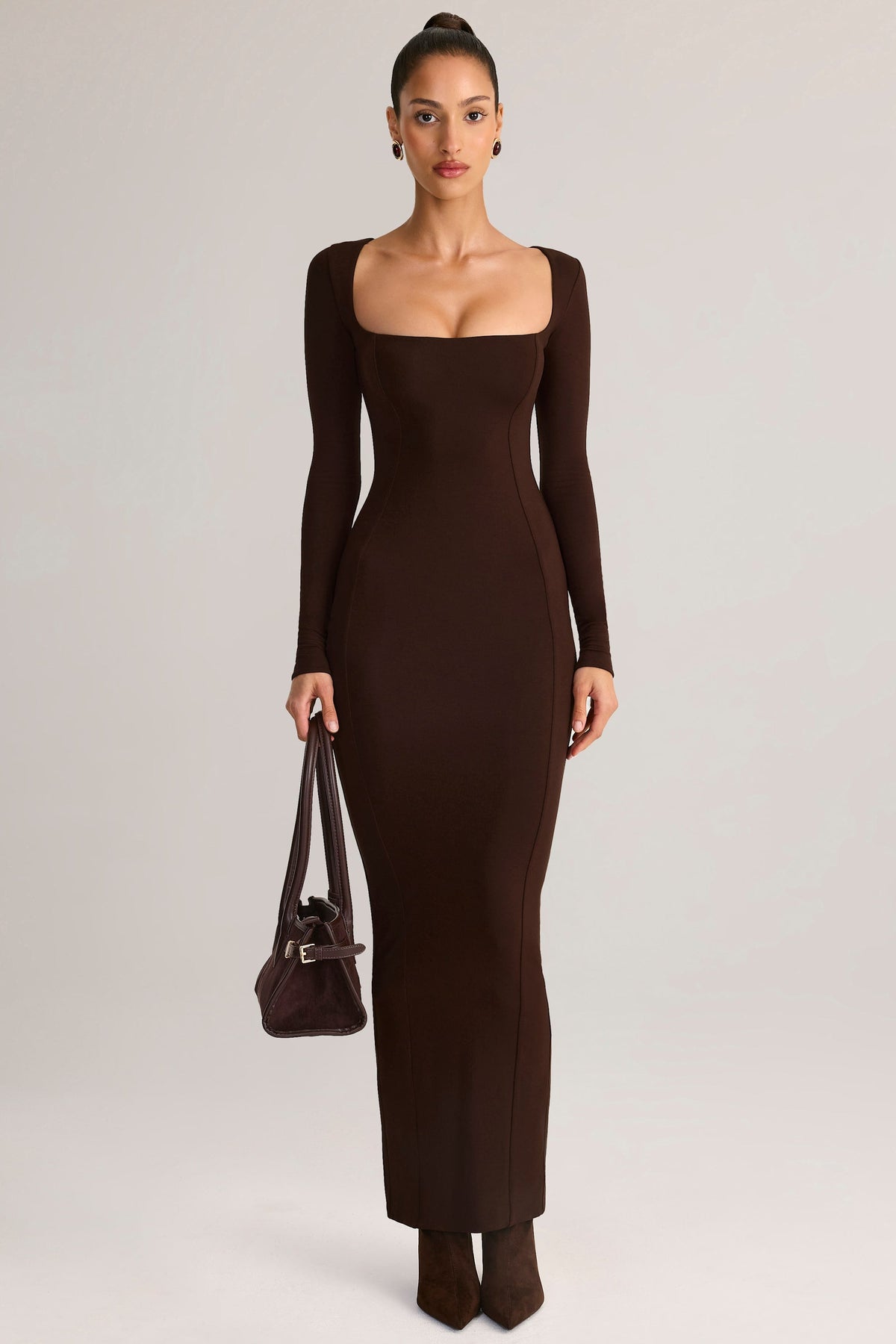 Chic Modal Square-Neck Bodycon Maxi Dress in Chocolate Brown