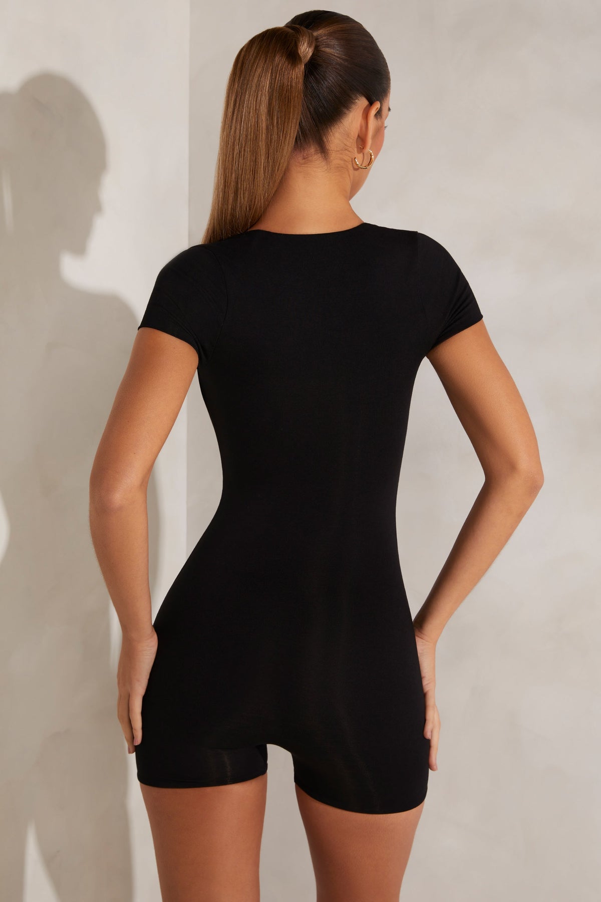 Chic Cap Sleeve Square Neck Unitard in Black