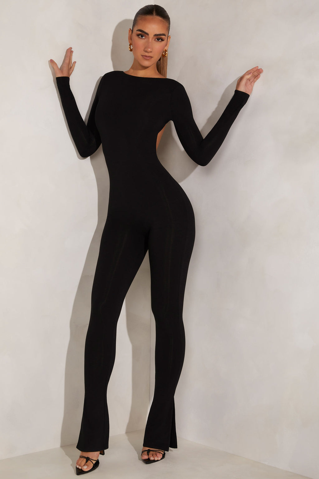 Chic High Neck Open Back Jumpsuit in Black