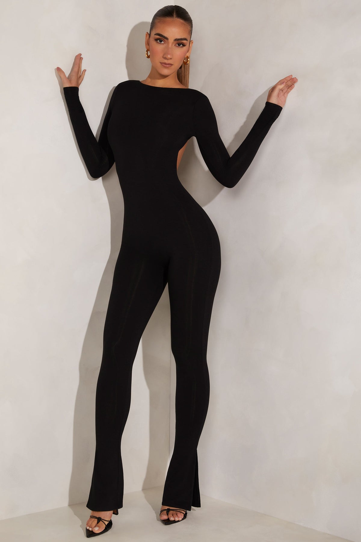 Chic High Neck Open Back Jumpsuit in Black