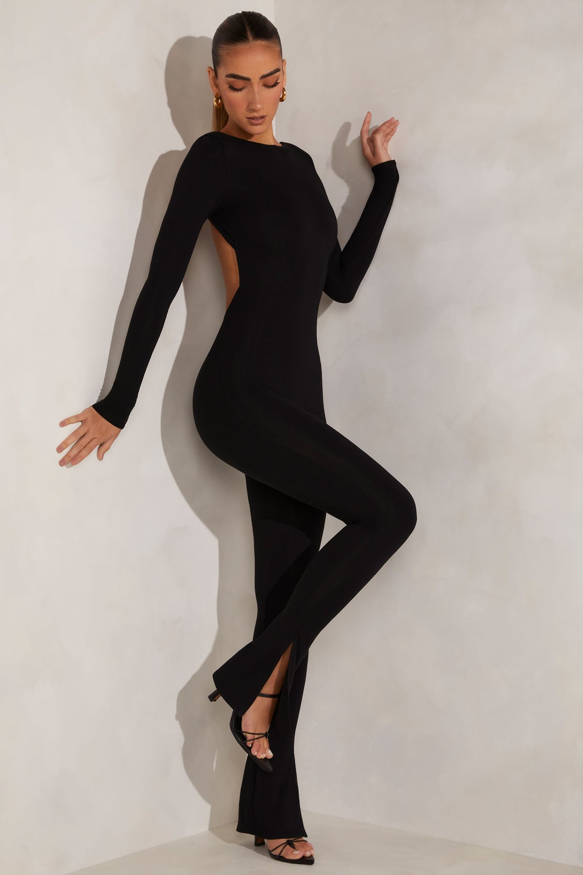 Chic High Neck Open Back Jumpsuit in Black