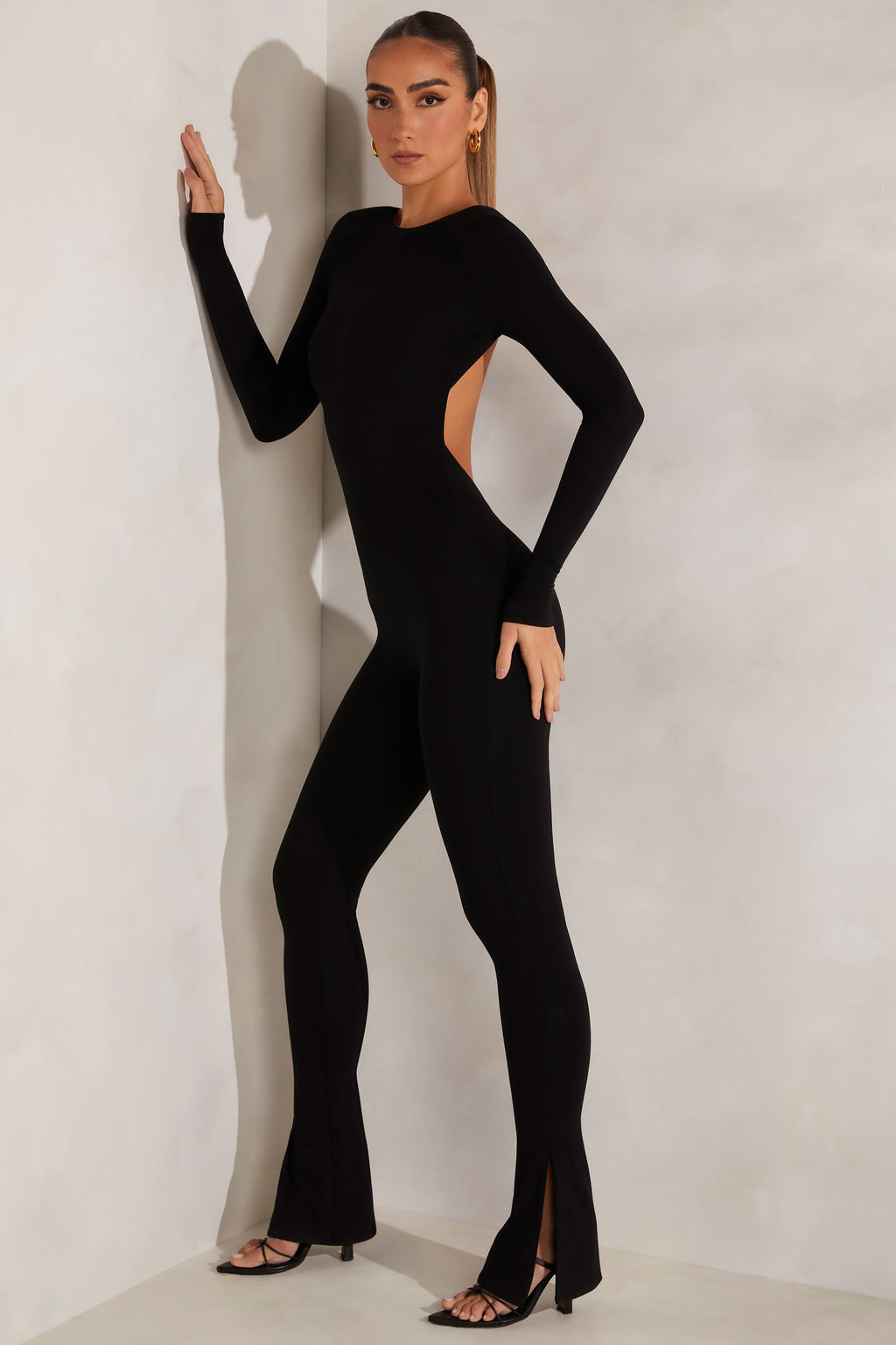 Chic High Neck Open Back Jumpsuit in Black