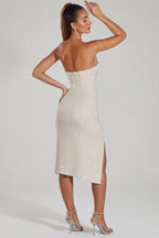 Chic Embellished Bandeau Cowl Neck Midi Dress in Ivory