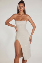 Chic Embellished Bandeau Cowl Neck Midi Dress in Ivory