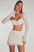 Chic Embellished Long Sleeve Crop Top in Ivory