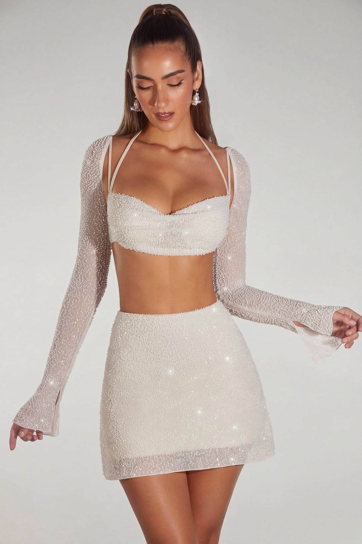 Chic Embellished Long Sleeve Crop Top in Ivory