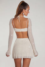 Chic Embellished Long Sleeve Crop Top in Ivory