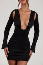 Chic Low Plunge Ruched Mini Dress in Black