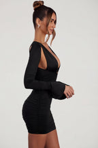 Chic Low Plunge Ruched Mini Dress in Black