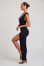 Chic High Split Plunge Neck Maxi Dress in Black