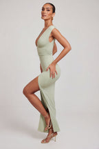 Chic High Split Plunge Neck Maxi Dress in Sage