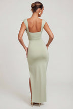 Chic High Split Plunge Neck Maxi Dress in Sage