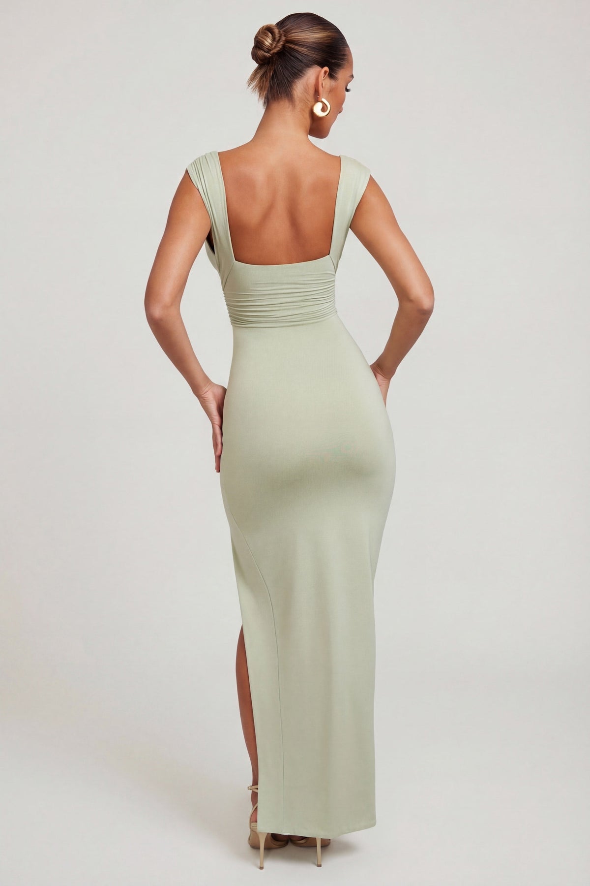 Chic High Split Plunge Neck Maxi Dress in Sage
