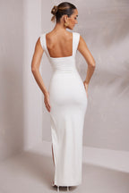 Chic High Split Plunge Neck Maxi Dress in White