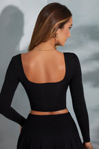 Chic Square-Neck Long-Sleeve Crop Top in Black