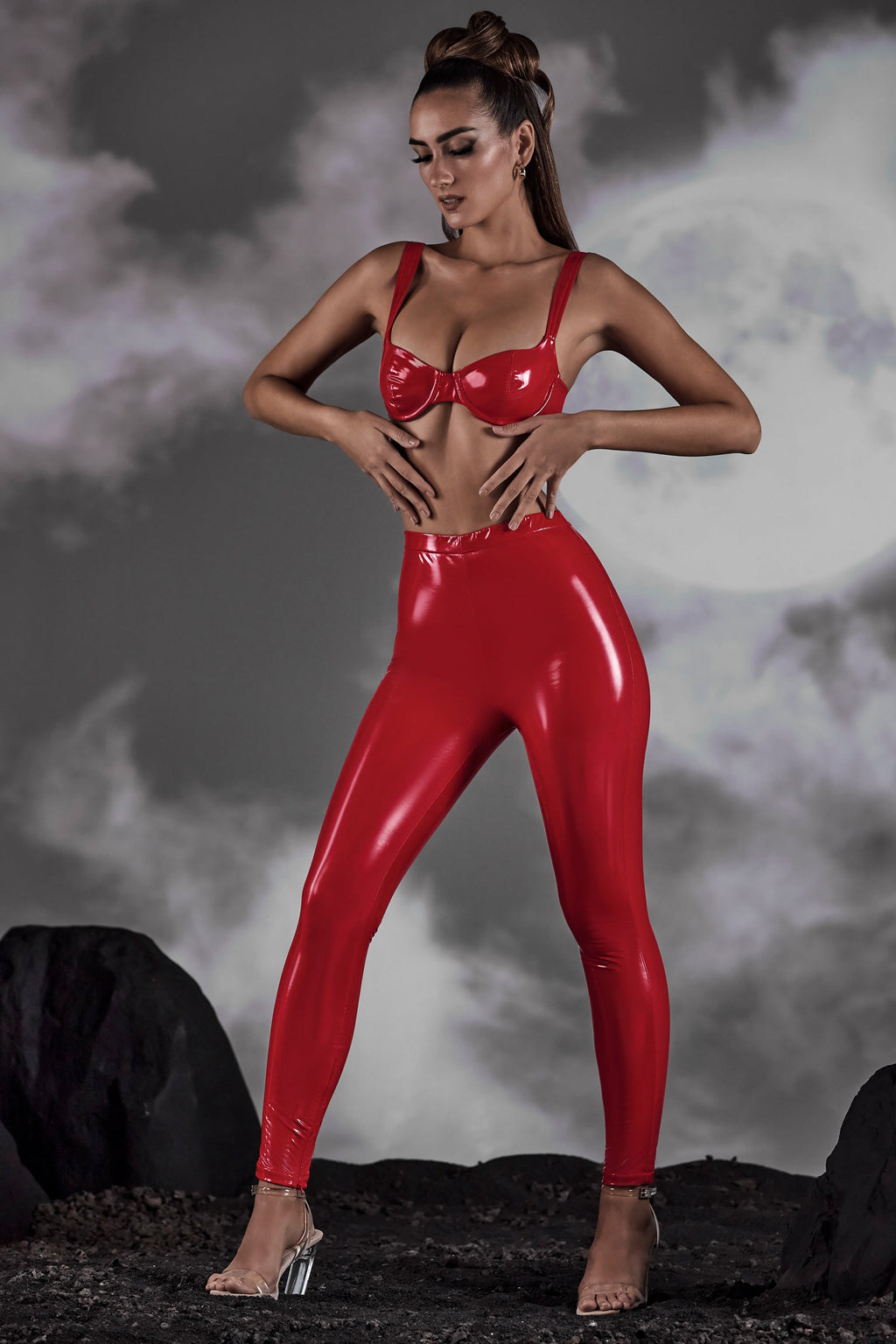 Chic High Waist Vinyl Leggings in Red