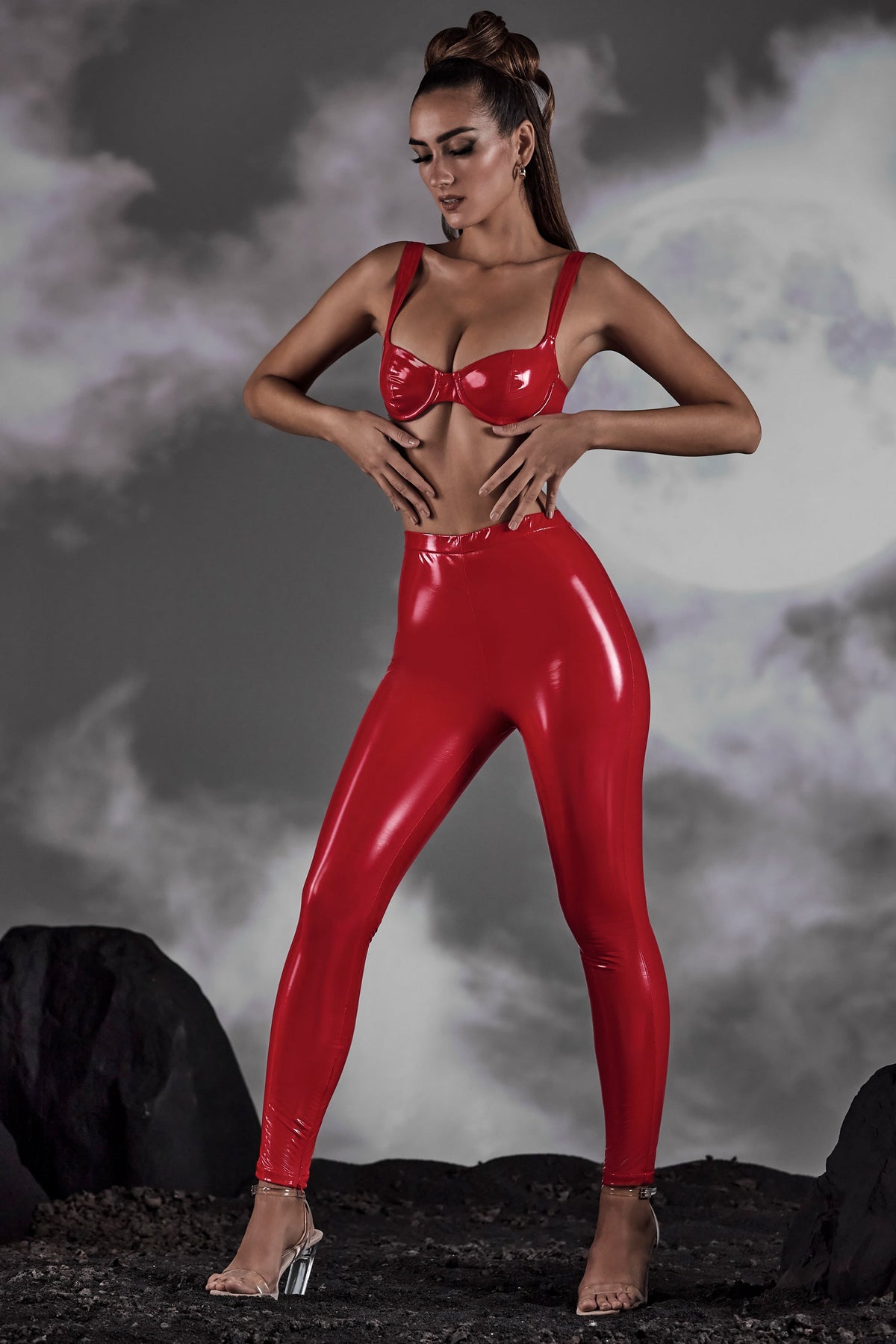 Chic High Waist Vinyl Leggings in Red