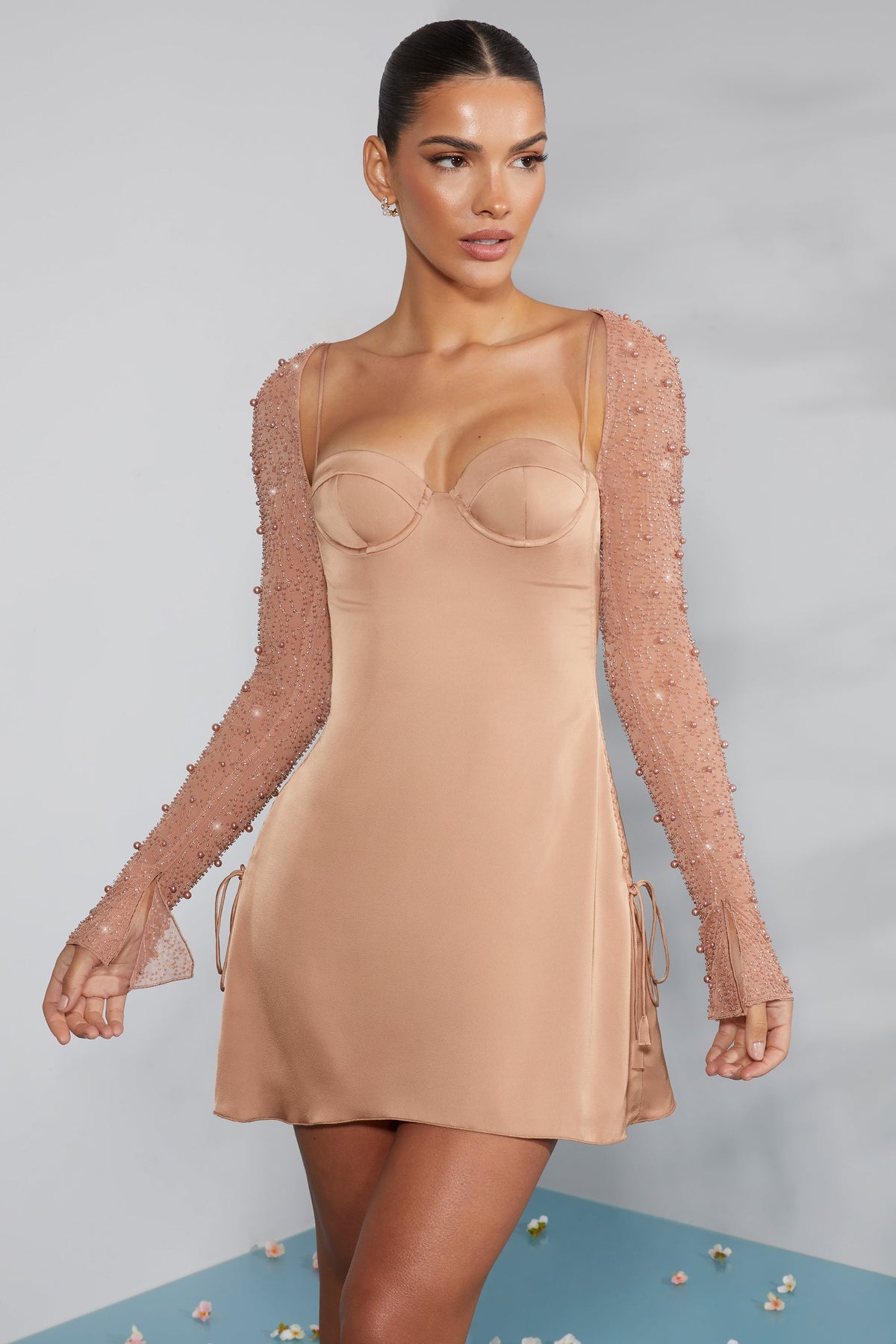 Chic Long Sleeve Embellished A-line Mini Dress in Beige