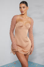 Chic Long Sleeve Embellished A-line Mini Dress in Beige