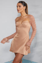 Chic Long Sleeve Embellished A-line Mini Dress in Beige