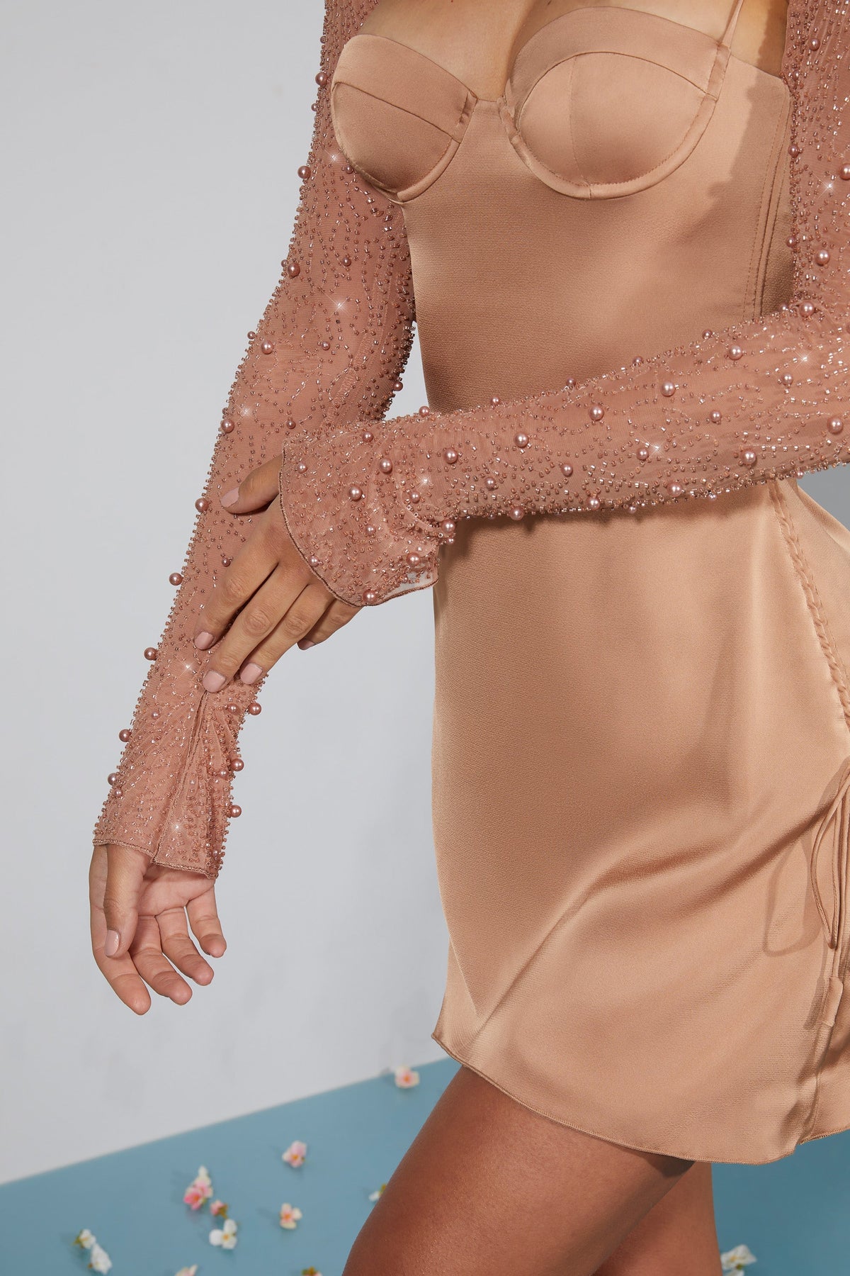 Chic Long Sleeve Embellished A-line Mini Dress in Beige