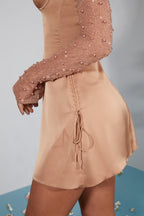 Chic Long Sleeve Embellished A-line Mini Dress in Beige